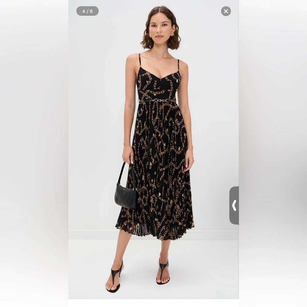 Zimmermann Sunray Pleated Picnic Midi Dress Black Chain-Print Spaghetti Strap 1 - Picture 2 of 16